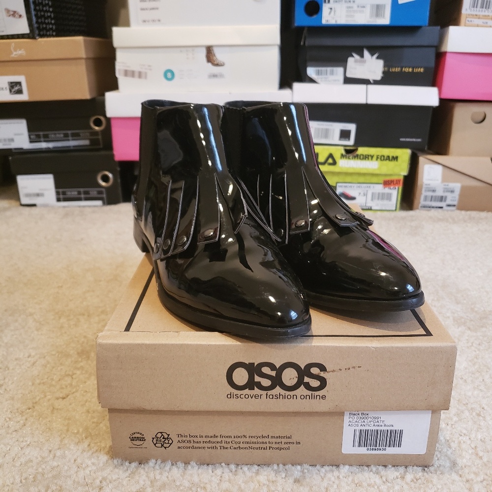 Black Patent Ankle Bootie with Fringe Detail